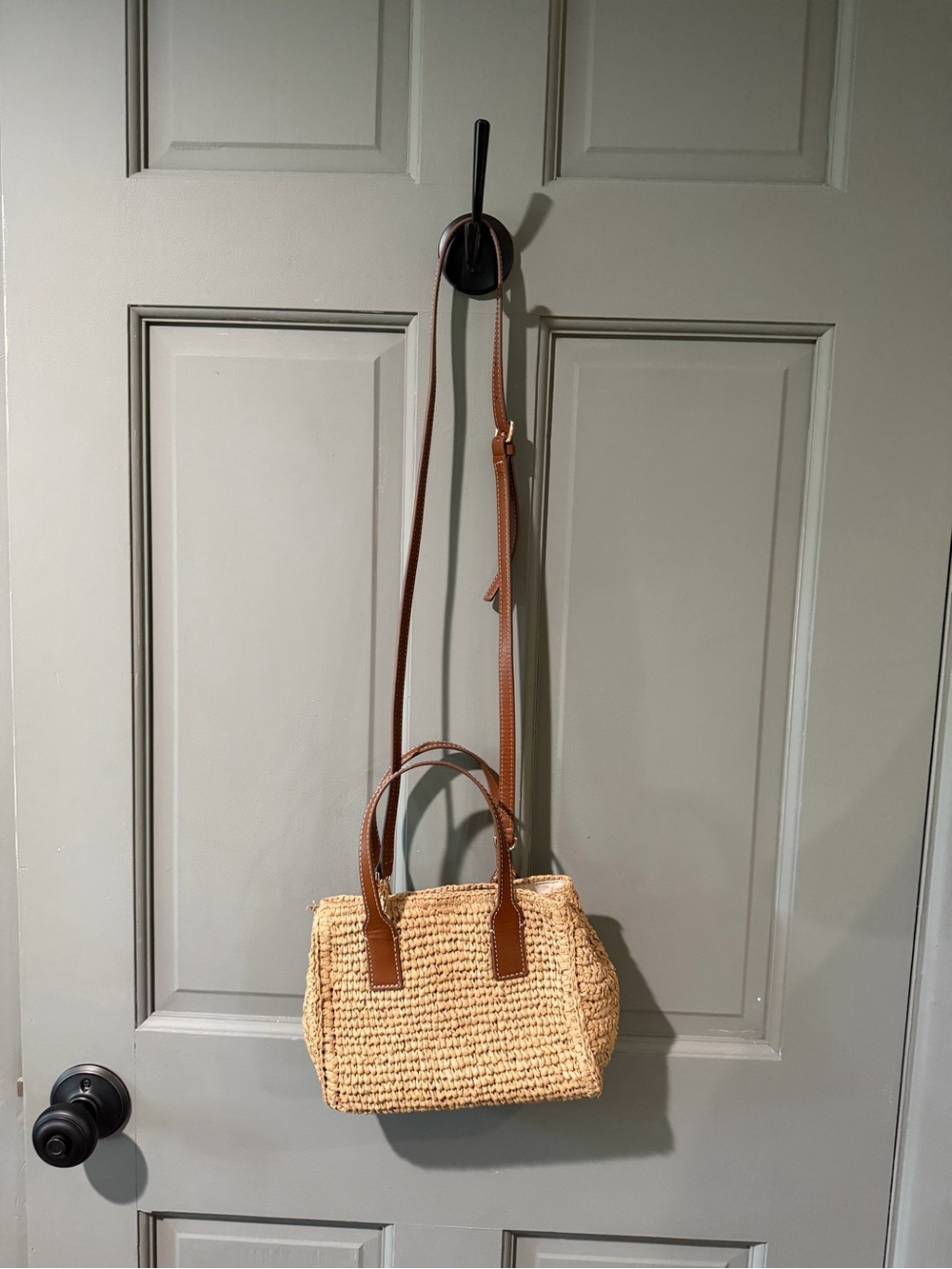 J. Crew Woven Straw Crossbody Bag with Brown Leather Trim
